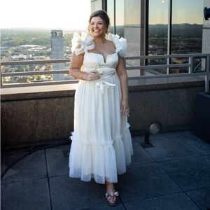 Lulus Angelic Radiance Cream Tulle Ruffled Off The Shoulder Midi Dress